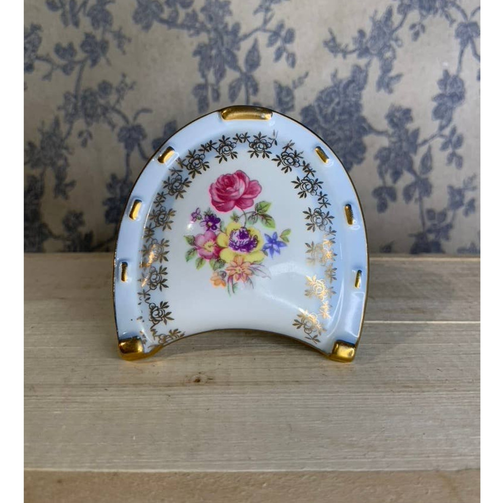 Vintage German Lucky Floral Horseshoe Lidded Trinket Dish Box